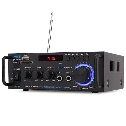 PyleUsa Receptor AV HiFi estéreo para el Hogar con RCA, USB, SD, 2 Micrófonos, Radio FM, Mando a Distancia, Sonido Envolvente para Cine en casa