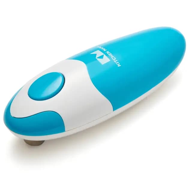 Abrelatas eléctrico Auto de Kitchen Mama: Abra sus latas con solo presionar un botón: automático, manos libres, borde liso, apto para alimentos, funciona con pilas (Azul cielo)