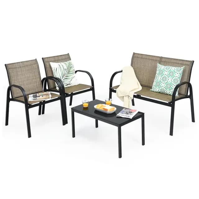 KOMFOTTEU Juego de Muebles de Jardín de 4 Piezas, Conjunto de Bistró con 2 Sillas, 1 Sofá y 1 Mesa de Centro, Muebles con Marco de Metal, Set de Conservación para Terraza, Piscina, Patio (Marrón)