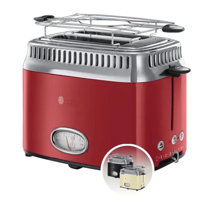 Russell Hobbs Tostadora Retro - 2 Ranuras Cortas y Anchas, Tostador para 2 Rebanadas, Bandeja Recogemigas, Calientapanecillos, Función Descongelar, Diseño Vintage, Acero Inoxidable, Rojo - 21680-56