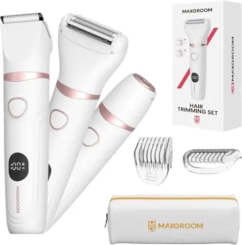 Afeitadora Eléctrica Mujer, MAXGROOM Set de Depiladora Electrica 3 en 1 para Mujer, IPX6 Utilizable en seco/mojado Recortadora Corporal Mujer, Apto para Facial, Cuerpo y Las Zonas íntimas