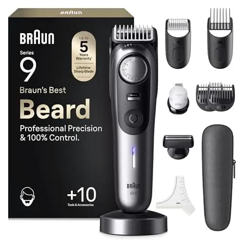Braun Recortadora de Barba Series 9 BT9545, Cromo - Barbero Recargable Resistente al Agua, +10 Accesorios para Barba, 180 Min de Autonomía, 52 Longitudes, Lámina Ultra Afilada