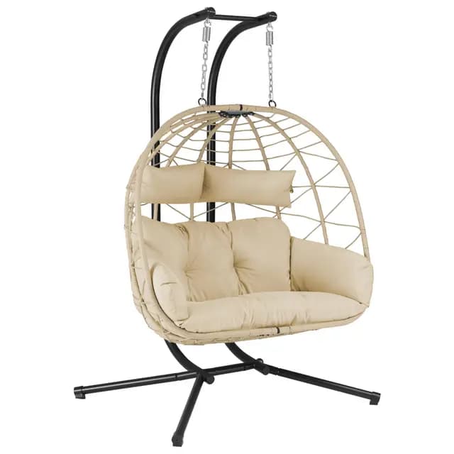 Silla Colgante con Soporte, Cojín y Almohadilla XXL | 2 Personas | Columpio Colgante Interior y Exterior | Estructura Metálica, Columpio de Jardín/Terraza, Silla Huevo, Cesta Colgante