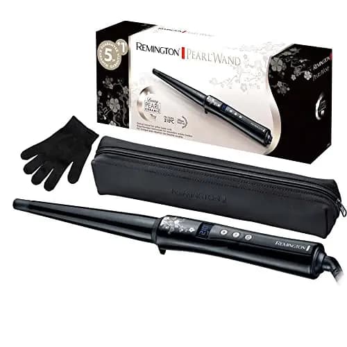 Remington Rizador Pelo Ondas cónico 13-25 mm Pearl revestimiento cerámico con perlas pantalla LCD 130-210 °C, guante resistente al calor, rizos naturales, rizos en espiral y ondas playeras, CI951