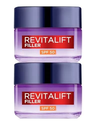 L'Oréal Paris Revitalift Filler Crema de Día Rellenadora y Antiarrugas Facial Tratamiento Voluminizador Protección SPF 50 con Ácido Hialurónico de Larga Duración - 2 Tarros de 50ml