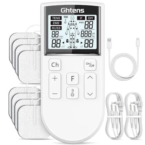 GHTENS 5 en 1 Electroestimulador Muscular Profesional, Recargable 80 Modos de Estimulación, Con Función TENS/EMS/RUSS/IF/DIY y Masaje, 2 Canales, 16 Intensidad, Para el Alivio del Dolor (Blanco)