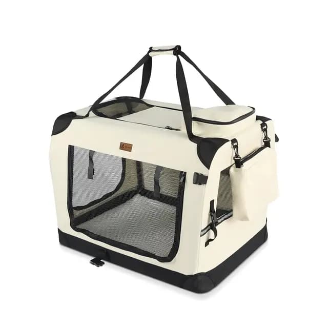 VOUNOT® Transportín Perro Gato S 50x35x36cm, Bolsa Transporte Transpirable Mascotas con Bolsillos Alfombrilla Extraíble Tira Reflectante, Caja Plegable Transportadora Portador de Viaje Mascotas, Beige