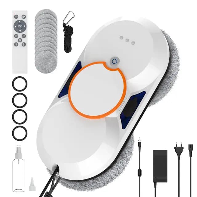 Robot Limpiacristales, 5600PA Limpiacristales Electrico Ventanas con Doble Pulverización de Agua, 3 Modos de Limpieza, Sistema de Seguridad, Detección Inteligente de Bordes, Control Remoto e 8 Trapo