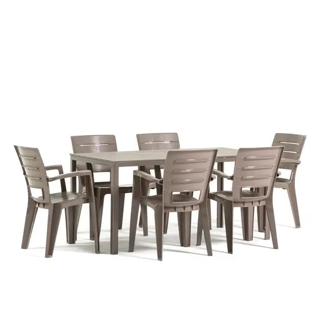 Conjunto jardín exterior mesa y sillas para 6 personas, mesa rectangular de acero con listones de polietileno efecto madera, 6 sillas apilables de resina - Thomas & Anita (Tórtola)