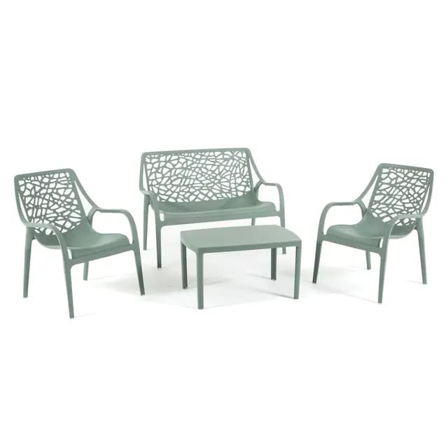 Conjunto de muebles de jardín y exterior de polipropileno con fibra de vidrio de 4 plazas, sofá de dos plazas, 2 sillones y mesa de centro, apilable, impermeable, diseño moderno – Set Maratea (verde