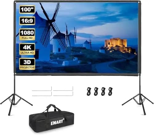 EMART Pantalla de Proyección con Soporte 100 Pulgadas, 16:9 4K HD Tela para Proyector de Doble Cara Adecuada para Ver Películas En Interiores, Reuniones y Eventos al Aire Libre