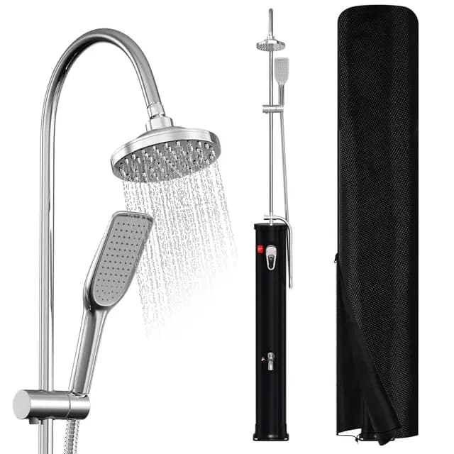 Ducha solar de 20 litros, media varilla, ducha de jardín, agua caliente hasta 60 °C, sin conexión eléctrica, ducha de piscina, camping, ducha de mano y cabezal giratorio de lluvia