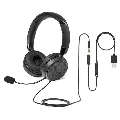 Amazon Basics, auriculares supraaurales con cable, micrófono ajustable, conexión de 3,5 mm, control por cable con USB-A, plegables, para oficina, teléfono inteligente, computadora portátil, negros