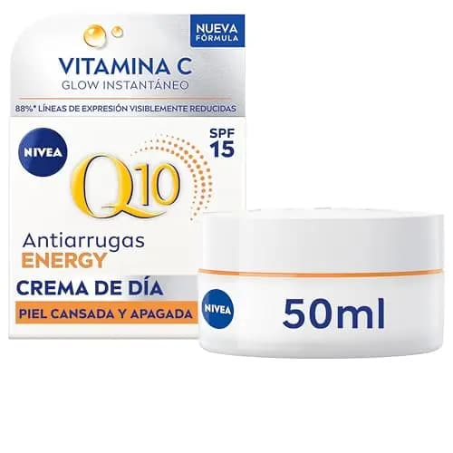 NIVEA Q10 Antiarrugas Energy - Crema de Día Iluminadora con SPF15 - Glow Instantáneo y Piel Uniforme - Q10 Puro, 7x Vitamina C y Guaraná - Reduce Líneas de Expresión - Piel Cansada y Apagada - 50 ml
