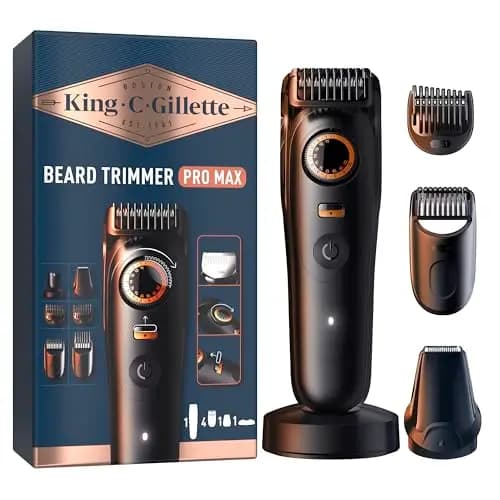 King C. Gillette Recortadora de Barba Hombre Pro Max, Cortapelos 4 en 1 con 40 Longitudes, 6 Accesorios, Cargador Y Funda, Máquina de Cortar Pelo Inalámbrica con Hoja Afilada de por Vida