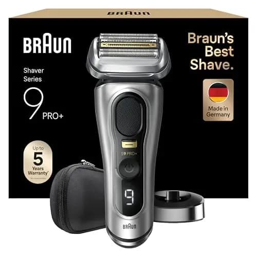 Braun Series 9 Pro+ Afeitadora Eléctrica Hombre, Máquina de Afeitar Barba con Base de Carga Y Funda de Viaje, en Seco Y en Mojado, 60 Min de Autonomía, 9517S, Plata