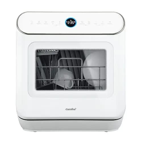COMFEE' CDWMT305WD Mini Lavavajillas de Sobremesa Compacto con 3 Cubierto, 7 Programas, Control Táctil, Pantalla LED, 72℃ Lavado higiénico, 24h Inicio Diferido y Apertura Automática de Puertas, Blanco
