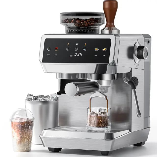 AMZCHEF Cafetera Espresso con Molinillo Integrado 20 Bares – Máquina de Café con 44 Ajustes de Molienda,Vaporizador de Leche, 4 Temperaturas, Función Café Frío, Acero Inoxidable, Depósito 1.8L
