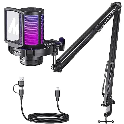 MAONO Microfono Gaming, USB Micrófono Condensador con Cancelación de Ruido para Streaming Podcast Studio, Compatible con PS5/PS4/Mac con Luces RGB Controlables, Botón de Silencio, Control de Ganancia
