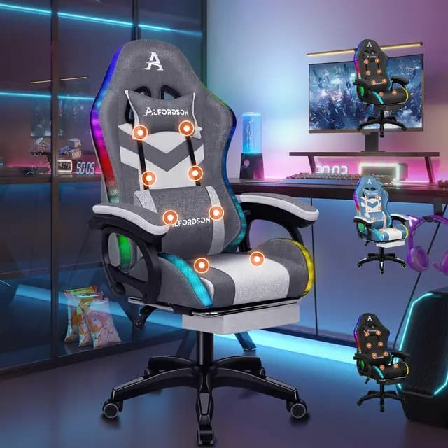 ALFORDSON Silla Gaming con Masaje y LED, Silla Gamer Ergonómica con Reposapiés Telescópico, Cojín Lumbar y Cervical, Iluminación para Juegos, Oficina, Ordenador, Videojuego, Lino(Gris con Splicing)