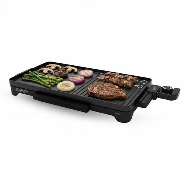 BLACK+DECKER - Plancha y Grill de Mesa BXGB2200E | 2200W | 49x27cm | Antiadherente y Libre PFOA | Temperatura Regulable | Asas Frías | Bandeja Recogegrasas | 4-6 Personas | Parrilla | Antideslizante