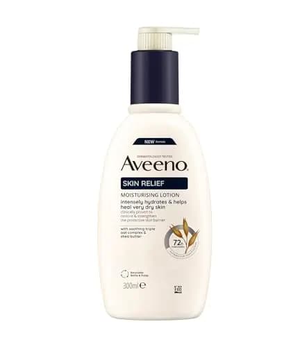 Aveeno Loción corporal hidratante Skin Relief (300 ml), loción corporal sin perfume para piel muy seca, cuidado natural de la piel con avena calmante y manteca de karité, vegana*