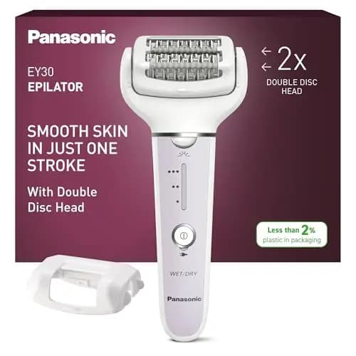 Panasonic ES-EY30-V503 Húmedo y Seco Depiladora, Doble Disco con 60 Pinzas, Flexible 90º Pivotante Cabeza, 3 velocidad Ajustes y LED Luz, 30 Minutos Operación Tiempo, Sin Cable, Cabello Removedor