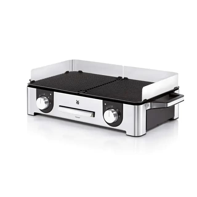 WMF Lono - Mastergrill, Parilla Eléctrica 2400W, Superficie Antiadherente, 2 Placas Desmontables con Regulador Temperatura Individual, Acabados de Acero Inoxidable Cromargan, Color Plateado/Negro