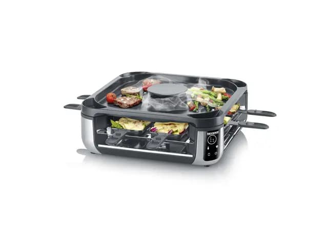 SEVERIN Raclette Grill Digital con Filtro de Aire Circulante, Parrilla Eléctrica para 8 Personas, Placa y Sartenes Aptas para Lavavajillas, Control de Temperatura Digital RG 2350