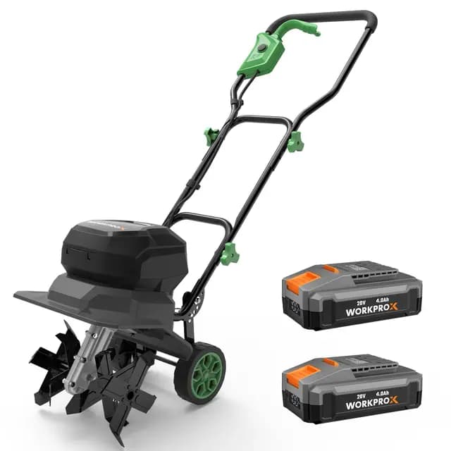 WORKPROX Motoazada Eléctrica a Batería 40V con 2×4,0Ah, Cultivador de Jardín Inalámbrico, Ancho de Trabajo 30 cm, Profundidad 20 cm, Ruedas Ajustables, Mango Plegable