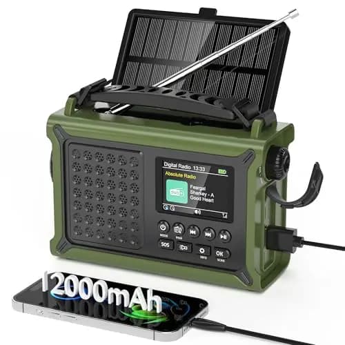 Radio Portátil Dab+/Dab/FM, Radio Solar con Manivela con Batería Recargable de 12000 mAh, Radio con 80 Emisoras Presintonizadas, Pantalla LED TFT de 2,4", Alarma SOS para Senderismoa, Camping