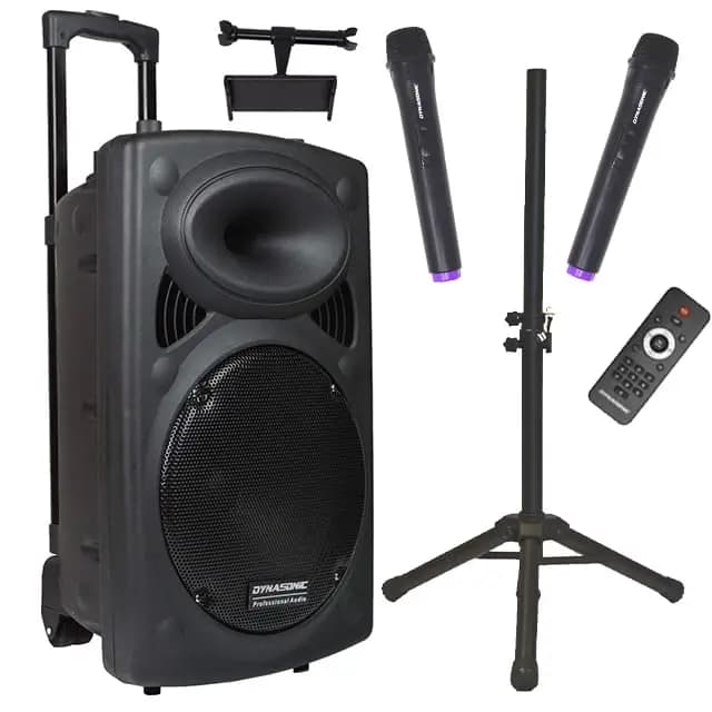 DYNASONIC Dynapro Altavoz Autoamplificado Potente 15"/1000W, Altavoz Bluetooth Portátil 2 Micrófonos, Sistema PA, TWS, USB/SD y Batería Larga Duración. Ideal para Exterior