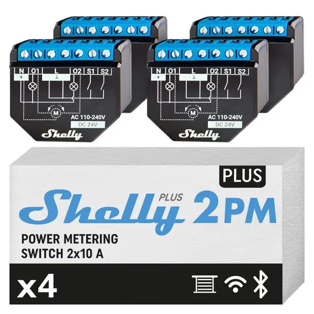 Shelly Plus 2PM - Interruptor Inteligente WiFi & Bluetooth, para Cortinas y Persianas, 2 Canales - 16A, Medición de Energía y Temporizador, Control Remoto por Teléfono, Alexa y Google Home (4 Piezas)