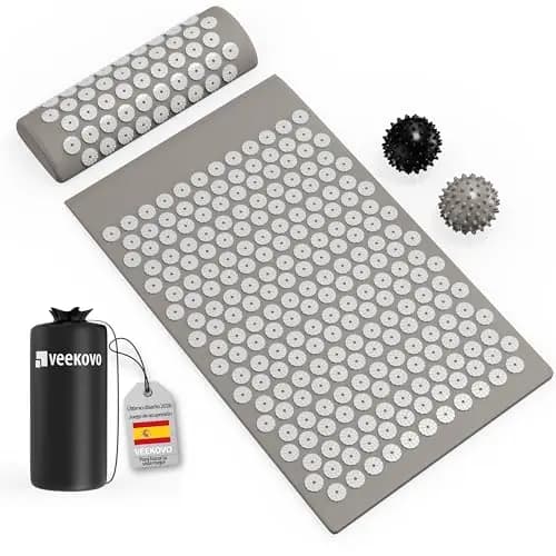 Set de Acupresión - Esterilla,Eco - Con Cojín,Bolas de Masaje y Bolsa - Almohada,Tapete de Masaje con Puntas para Alivio del Dolor,Relajación y masaje en la espalda,la cervical,los piernas (Gris)
