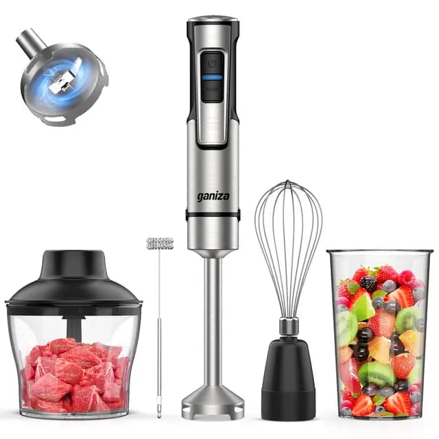 Ganiza Batidora de Mano 5 en 1, 1200 W, con control de velocidad y función turbo, Acero inoxidable e incluye picadora, batidor de varillas, espumador de leche y vaso medidor