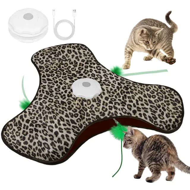 AUYAO Juguete Interactivo para Gatos, Juguete de Eléctrico Recargable para Gatos, Activación Táctil con Sonidos del Ratón, Pluma Móvil, Chirping, Tres Modos, Estampado de Leopardo