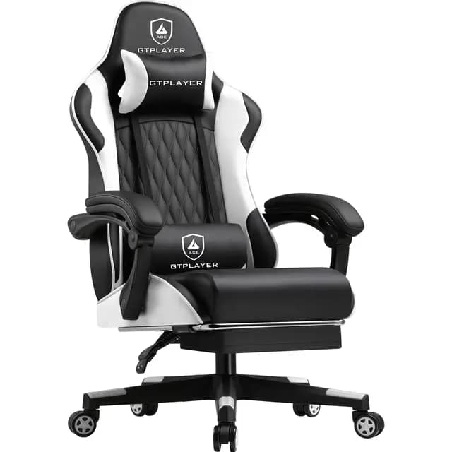 LUCKRACER Silla Gaming | Silla de Juegos para PC con Soporte Lumbar Ajustable, Reposapiés y Cojín para Cabeza - Blanco
