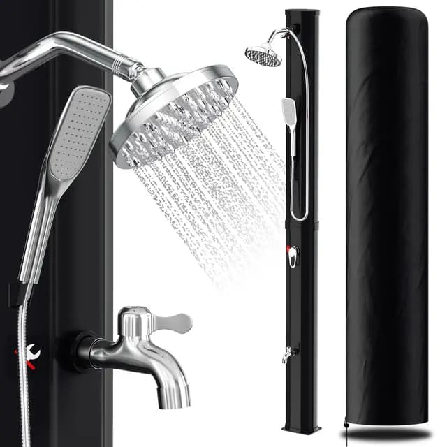 Randaco Ducha Solar de jardín, Agua Caliente hasta 60 °C, sin conexión de alimentación, Ducha de Piscina, Camping con Ducha de pies y alcachofa de Mano, Cabezal de Ducha de Lluvia orientable, Funda