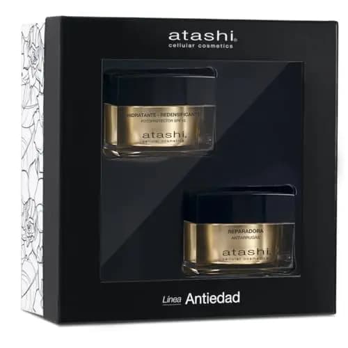 Atashi | Cofre Ritual Hidrata y Repara | Crema Hidratante Redensificante SPF15 + Crema Reparadora Antiarrugas | Con Gardenia, Perla Negra, Retinol y Spilanthol Activo | 50 ml + 50 ml
