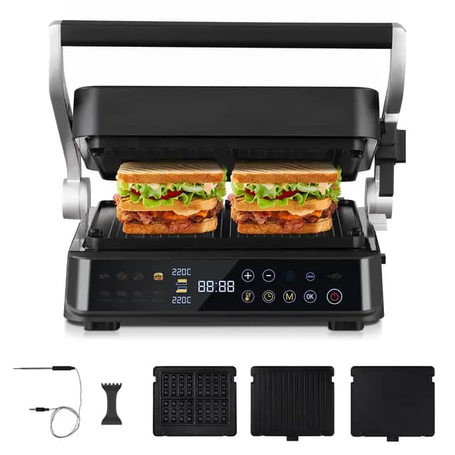 AMZCHEF XL Grill de Contacto 4-en-1 con Sensor de Temperatura & GrillBoost 280 °C – Parrilla eléctrica 2000 W con 6 programas, 2 zonas, 4 placas antiadherentes – Bistec, Gofres, Paninis, Sándwiches