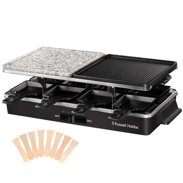 Russell Hobbs Multi Raclette 3 in 1-8 Mini Sartenes, Placas Duales: Superficie Acero Inoxidable y Piedra, Grill Reversible, Placas Antiadherentes, Espátulas de Madera, 1400 W, Negro - 26280-56