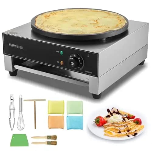 VEVOR Máquina para Crepes Comercial de Placa Plana de 3000 W, Acero Inoxidable Antiadherente, Estufa Circular de Escritorio para Panqueques y Cereales con Control de Temperatura, 435 x 455 x 225 mm