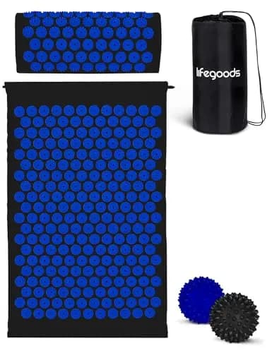 LifeGood Esterilla Acupresion - Eco - Con Cojín, Bolas de Masaje y Bolsa - Almohada - Colchoneta de Acupuntura Relajación y Alivio del Dolor - Flor de Loto - Negro & Azul