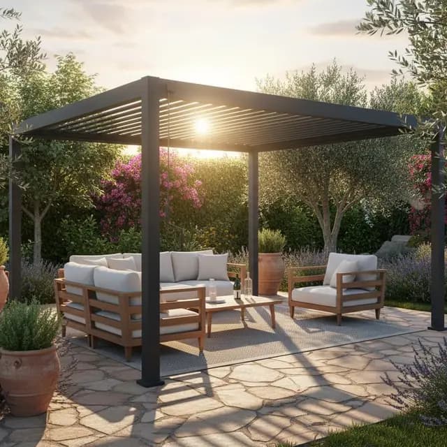 Pérgola bioclimática Luxury con estructura de aluminio antracita, techo laminar orientable, para jardín y porche (3 x 4 metros)