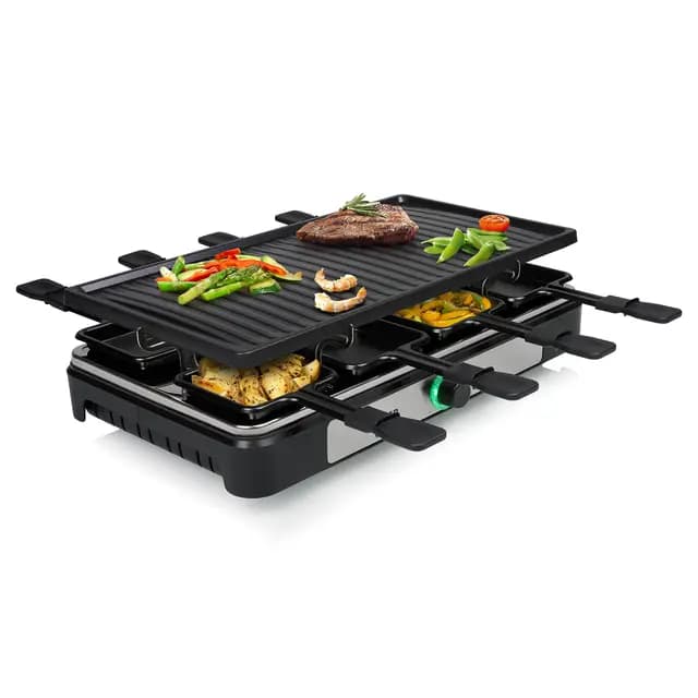 Tristar Raclette - 8 personas - Superficie de cocción 42 x 23 cm - Termostato regulable con anillo luminoso - 1400 W - Negro - RA-2746