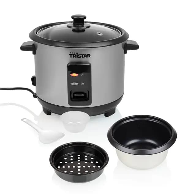 Tristar Olla Arrocera 1 L, Hasta 5 Raciones, Carcasa de Acero Inoxidable, Recipiente Antiadherente, Bandeja de Vapor, Función Mantener Caliente, 400 W, RK-6144
