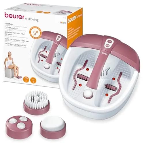 Beurer FB 35 baño de pies con masaje vibratorio y burbujas, 3 accesorios de pedicura, con mantenimiento de la temperatura del agua, luz infrarroja y posibilidad de aromaterapia, hasta la talla 44