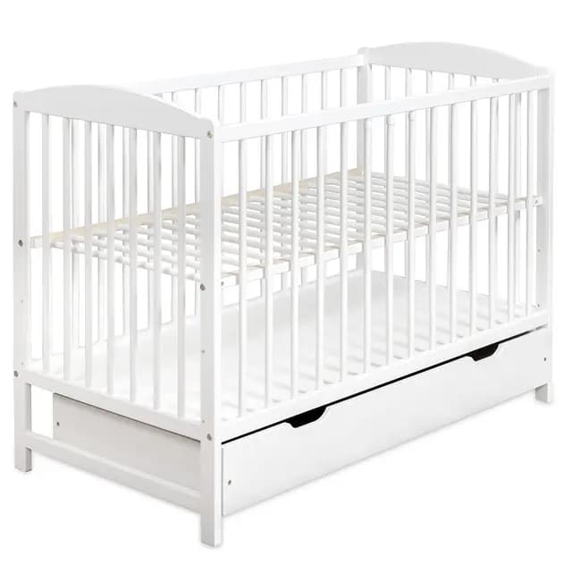 Cuna Bebe con Cajón - Cuna Bebe Madera con Barandillas de Protección - 60x120cm - Regulable en Altura - Cuna para Bebe Convertible en Cama Infantil - Cuna de Bebe para Niñas y Niños Blanco