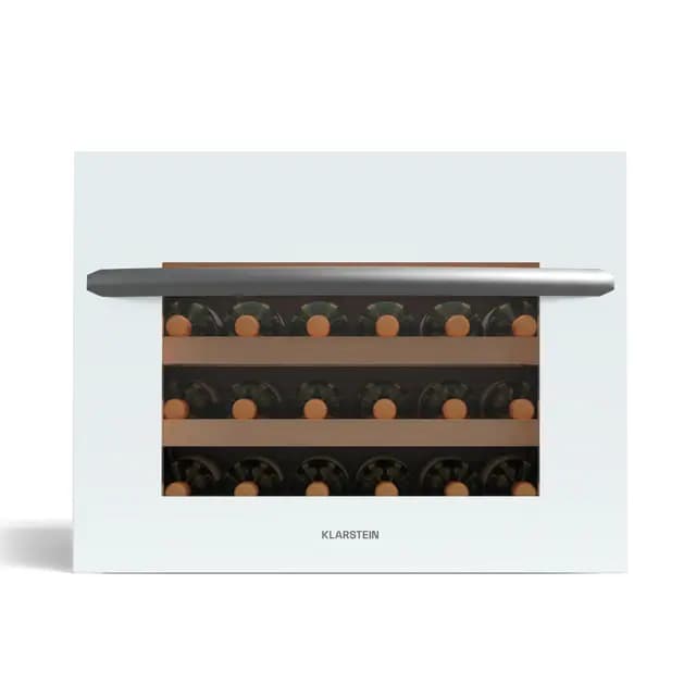 Klarstein Vinsider 24 Built-In Uno frigorífico empotrable para vinos - 24 botellas,1 zona,5-20°C, iluminación LED, protección UV, estantes de madera, silencioso,bajo consumo, blanco, puerta de cristal