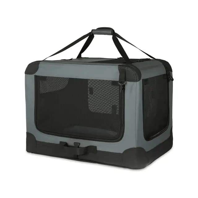 Amazon Basics Transportín portátil plegable de 4 puertas para perros y gatos, Gris, M 76 cm x 54 cm x 54 cm
